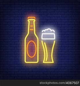 Beer bottle and glass on brick background. Neon style vector illustration. Bar, pub, alcoholic beverages store. Alcohol banner. For advertising, beverage, nightlife concepts