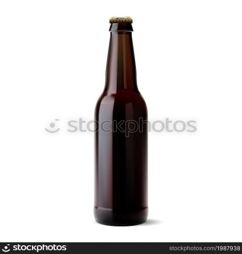 Beer bottle. Brown glass soda drink bottle blank. Alcohol beverage product brand illustration. Cold drink bottle, cider or cola container, black lager single shot tipple. Realistic glassware. Beer bottle. Brown glass soda drink bottle blank
