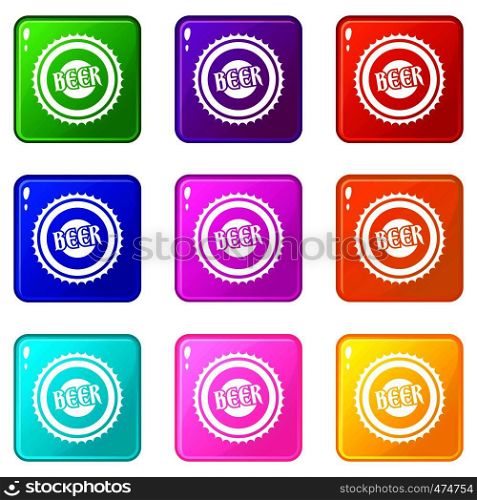 Beer bottle cap icons of 9 color set isolated vector illustration. Beer bottle cap icons 9 set