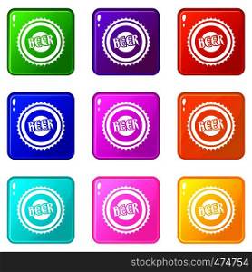 Beer bottle cap icons of 9 color set isolated vector illustration. Beer bottle cap icons 9 set