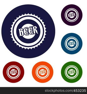 Beer bottle cap icons set in flat circle reb, blue and green color for web. Beer bottle cap icons set