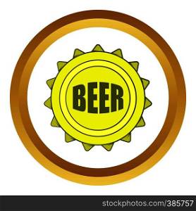 Beer bottle cap vector icon in golden circle, cartoon style isolated on white background. Beer bottle cap vector icon, cartoon style