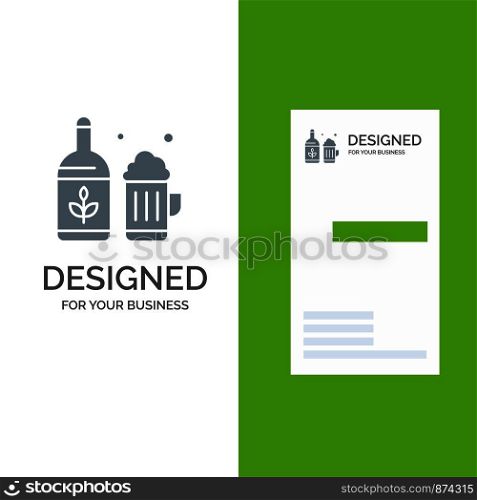 Beer, Bottle, Cup, Ireland Grey Logo Design and Business Card Template