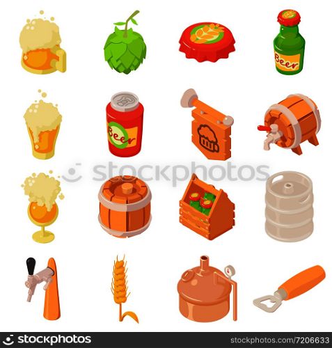Beer bottle glass drink label icons set. Isometric illustration of 16 beer bottle glass drink label vector icons for web. Beer bottle glass drink icons set, isometric style