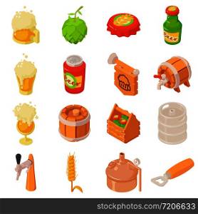 Beer bottle glass drink label icons set. Isometric illustration of 16 beer bottle glass drink label vector icons for web. Beer bottle glass drink icons set, isometric style