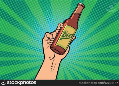 beer bottle in hand. Pop art retro vector illustration. beer bottle in hand