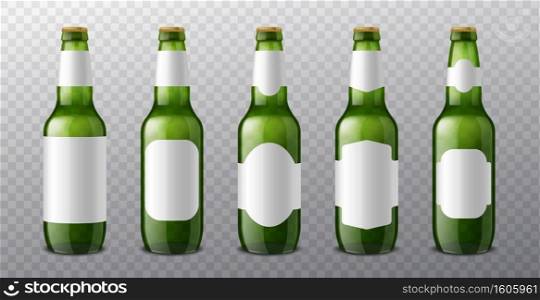 Beer bottle labels. 3d realistic green glass bottles with different blank label options templates, alcohol drink pack mockup. Vessel for branding, product advertising template, vector isolated set. Beer bottle labels. 3d realistic green glass bottles with different blank label options templates, alcohol drink pack mockup. Product advertising template, vector isolated set