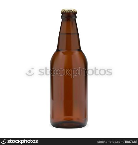 Beer bottle. Modern design beer package template, realistic 3d vector blank. Brown glass alcohol brand beverage. Single refreshing barley beer drink bottle. Disposable amber package. Beer bottle. Modern design beer package template