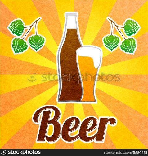Beer bottle with glass hop and beams background poster vector illustration