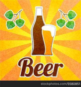 Beer bottle with glass hop and beams background poster vector illustration