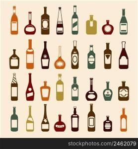 Beer bottles and wine bottles icon set. Brandy beverage vodka, champagne and whiskey, liquid martini, vector illustration. Beer bottles and wine icon set