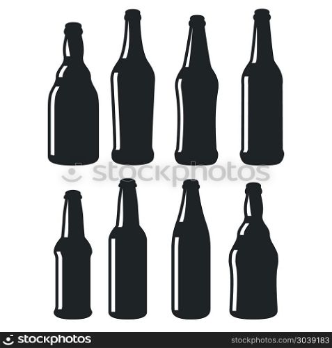 Beer bottles different shapes black vector icons. Beer bottles different shapes black vector icons. Silhouette of bottle collection design illustration