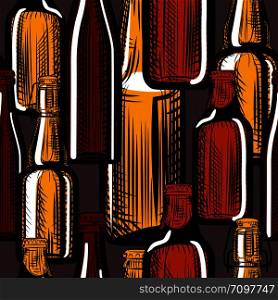 Beer bottles seamless pattern. Engraving style. Hand drawn vector illustration. Beer bottles seamless pattern. Engraving style. Hand drawn
