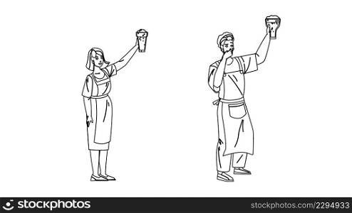 Beer Brewer Workers Look At Freshly Drink Black Line Pencil Drawing Vector. Young Man And Woman Beer Brewer Looking At Fresh Beverage Glass. Characters Factory Professional Occupation Illustration. Beer Brewer Workers Look At Freshly Drink Vector