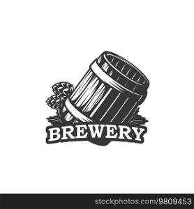 Beer brewery icon of barrel and hop, craft beer pub and bar vector label. Beer brewery emblem of alcohol drink and beverage products company sign, ale or stout beer bottle and Oktoberfest sign. Beer brewery icon, barrel and hop, craft beer pub