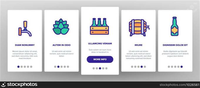 Beer Brewery Onboarding Mobile App Page Screen Vector Icons Set Thin Line. Alcohol Foam Drink Brewery Concept Linear Pictograms. Barrel And Bottle, Faucet And Keg Contour Illustrations. Beer Brewery Elements Vector Onboarding