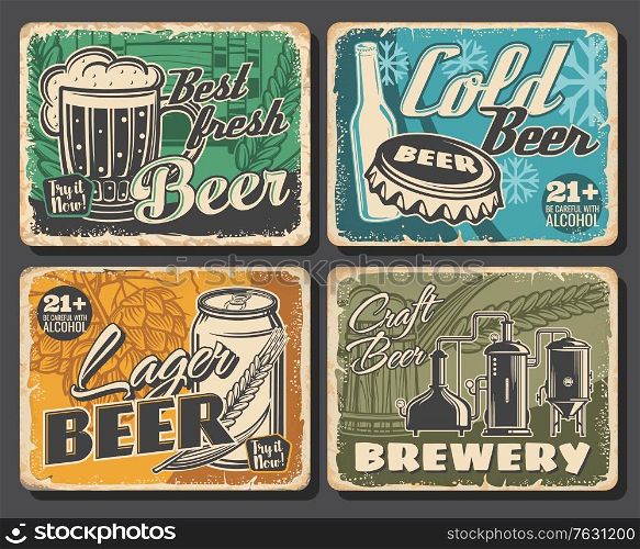 Beer brewery retro posters, alcohol drinks bar, vector Oktoberfest vintage signs or grunge metal plates. Craft beer brewery pub, brewing traditions, beer in wooden barrel, bottle and pint mug. Beer brewery retro posters, alcohol drinks bar