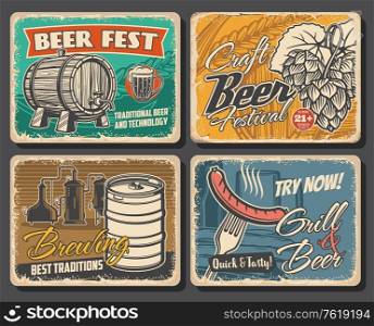 Beer brewery retro posters, alcohol drinks pub and bar, vector. Craft beer brewery and grill bar, Oktoberfest brewing traditions, sausages and snacks, beer wooden barrel and pint mug. Beer brewery, grill snacks retro posters