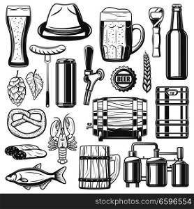 Beer brewery, snacks and craft brewing production line icons for festival or traditional Oktoberfest. Vector isolated hat, sausages and lobster or dry fish and lager beer bottle or wooden barrel. Beer brewing and snacks vector icons