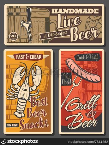 Beer brewing and snacks, brewery retro vector posters. Wooden barrel with tap, tankard and wood pints with foam, hop. Craft beer brewery, crayfish and sausages snack fest, beerhouse tavern. Beer and brewery, snacks vector posters