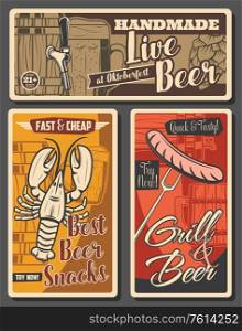 Beer brewing and snacks, brewery retro vector posters. Wooden barrel with tap, tankard and wood pints with foam, hop. Craft beer brewery, crayfish and sausages snack fest, beerhouse tavern. Beer and brewery, snacks vector posters