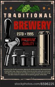Beer brewing factory or traditional brewing production line retro poster. Vector vintage design of barrel cask, draught beer tap and can with hop and malt leaf. Beer factory brewery production line retro poster