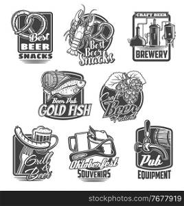 Beer brewing festival, pub snacks vector icons. Craft beer brewery, Oktoberfest souvenirs and pub equipment emblems. Pretzel, lobster and dried bream, hop, grilled sausage and tankard glass. Beer brewing festival, pub snacks icons