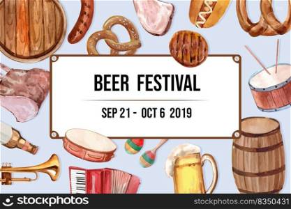 Beer bucket, sausage, pretzel, entertainment frame design element watercolor illustration.