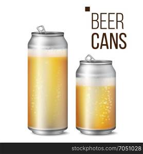 Beer Cans Isolated Vector. Light Bright, Bubble And Liquid. Macro Of Freshening Beer. Illustration. Beer Cans Vector. 500 and 330 ml Can Blank. Beer Background Texture With Foam And Bubbles. Isolated Illustration