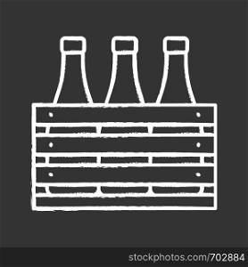 Beer case chalk icon. Wine or champagne bottles in wooden crate. Milk bottles in wooden box. Isolated vector chalkboard illustration. Beer case chalk icon