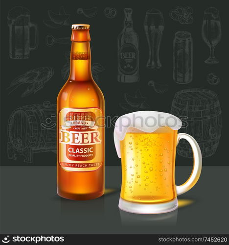 Beer classic beverage in bottle with label info about product. Type of alcoholic drink poured in glass set of items. Barrel and containers set vector. Beer Classic Beverage Type and Glass Set Vector