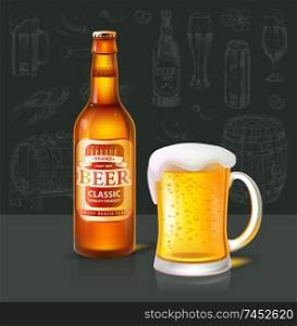 Beer classic beverage in bottle with label info about product. Type of alcoholic drink poured in glass set of items. Barrel and containers set vector. Beer Classic Beverage Type and Glass Set Vector