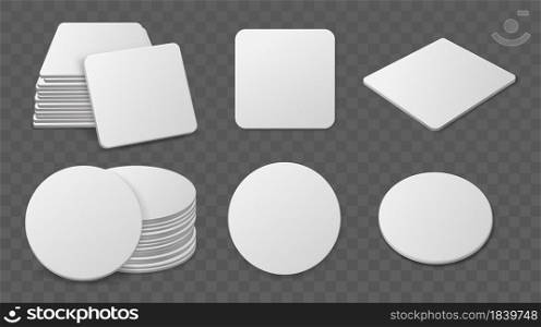 Beer coaster stacks. Realistic paper round and square shapes for glasses drinks, blank cardboard bierdeckel, different angles view, single and piles. Blank cardboard drink mats. Vector isolated set. Beer coaster stacks. Realistic paper round and square shapes for glasses drinks, blank cardboard bierdeckel, different angles, single and piles. Blank cardboard drink mats. Vector set