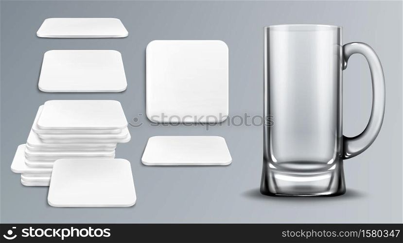 Beer cup and coasters. Empty glass tankard and blank cardboard mats for mug of square shape. Beermat, bierdeckel in top and different angles view isolated on grey background realistic 3d vector mockup. Beer cup and coasters empty tankard and bierdeckel