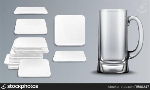 Beer cup and coasters. Empty glass tankard and blank cardboard mats for mug of square shape. Beermat, bierdeckel in top and different angles view isolated on grey background realistic 3d vector mockup. Beer cup and coasters empty tankard and bierdeckel
