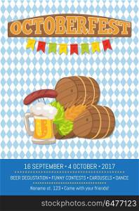 Beer Degustation 2017 on Vector Illustration Card. Octoberfest poster beer degustation, Oktoberfest banner depicting symbols of beerfest as hop, golden wheat and sausage vector on checkered background