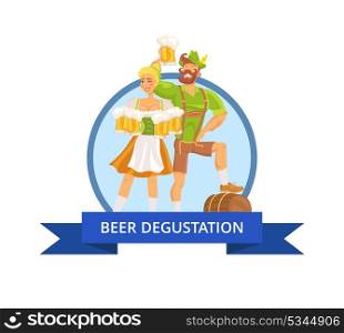 Beer Degustation Octoberfest Vector Illustration. Beer degustation at octoberfest vector illustration. Blonde waitress with bearded man in traditional german costumes holding beer glasses.