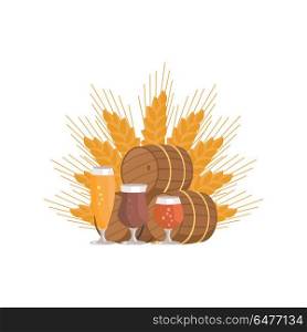 Beer Digustation at Octoberfest Vector Illustation. Beer degustation vector illustration on white background. Wooden barrels and three glasses of beverage, draught pale and dark beers on ears of wheat