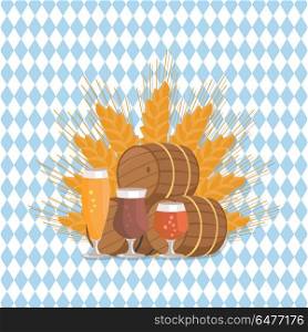 Beer Digustation at Octoberfest Vector Illustation. Beer degustation vector with wooden barrels and three glasses of beer, draught pale and dark beers on ears of wheat on checkered background