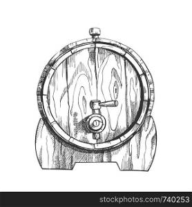 Beer Drawn Wooden Oak Barrel Front View Vector. Lying On Wooden Stand Classical Barrel With Metal Rings For Production And Storage Drink With Tap. Container Of Factory Monochrome Illustration. Beer Drawn Wooden Oak Barrel Front View Vector