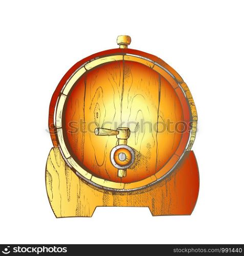 Beer Drawn Wooden Oak Barrel Front View Vector. Lying On Wooden Stand Classical Barrel With Metal Rings For Production And Storage Drink With Tap. Container Of Factory Color Illustration. Beer Drawn Wooden Oak Barrel Front View Color Vector