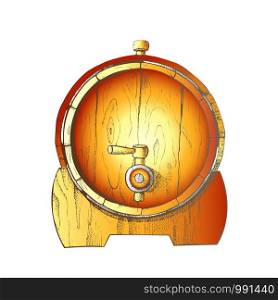 Beer Drawn Wooden Oak Barrel Front View Vector. Lying On Wooden Stand Classical Barrel With Metal Rings For Production And Storage Drink With Tap. Container Of Factory Color Illustration. Beer Drawn Wooden Oak Barrel Front View Color Vector