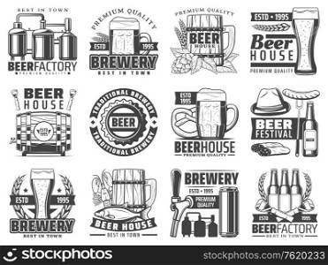 Beer factory and brewing company icons. Vector bar or pub and beverage festival symbols of craft beer pint, wooden barrel with hop, malt and wheat barley, Oktoberfest sausages and pretzel snacks. Craft beer pub, bar and brewing factory icons