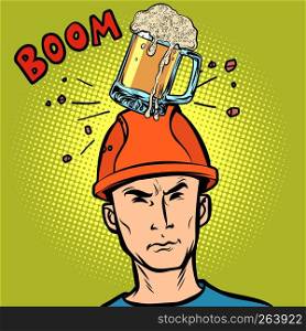 beer fell on the worker head. Comic cartoon pop art retro vector illustration drawing. beer fell on the worker head