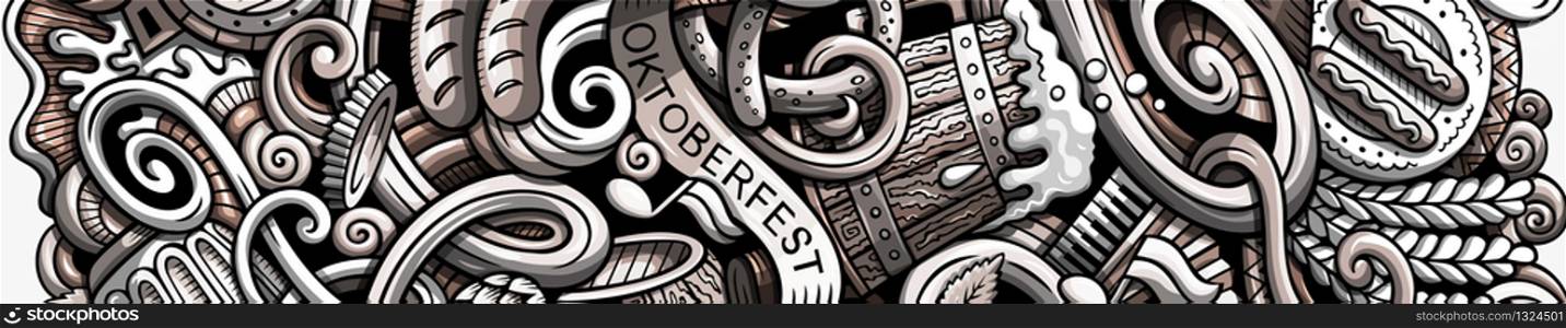 Beer Fest hand drawn doodle banner. Cartoon detailed flyer. Oktoberfest identity with objects and symbols. Monochrome vector design elements background. Beer Fest hand drawn doodle banner. Cartoon detailed flyer.
