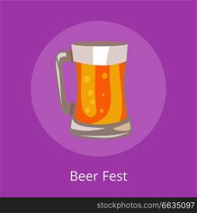 Beer fest icon of light beverage mug vector illustration isolated on purple. Traditional alcohol drink in transparent glass with handle. Beer Fest Icon of Light Beverage Mug Illustration