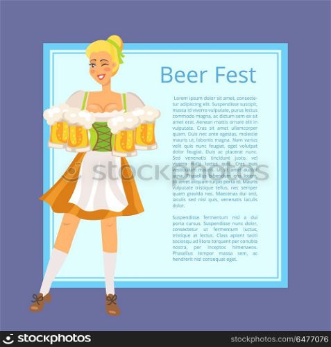 Beer Fest Poster Depicting Blonde Woman with Mugs. Beer fest poster with text on light blue square. Isolated vector illustration of blonde woman holding mugs dressed in traditional German clothing