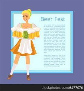 Beer Fest Poster Depicting Blonde Woman with Mugs. Beer fest poster with text on light blue square. Isolated vector illustration of blonde woman holding mugs dressed in traditional German clothing