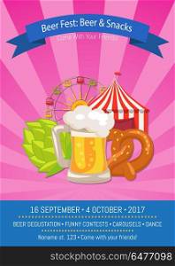 Beer Fest Poster with Snacks Vector Illustration. Beer fest poster with snacks, come with your friends, promo banner depicting carousel and appetizers, hop and mug of alcoholic drink vector illustration