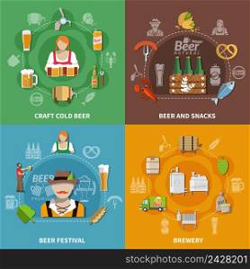Beer festival brewery process and different snacks 2x2 icons set isolated on colorful backgrounds vector illustration. Beer Flat 2x2 Set